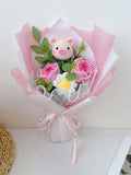Crochet Flower Bouquets Ð Pink Rose & Plush Animal Gift, Flower Bouquet with Piggy, Finished Product Bouquet