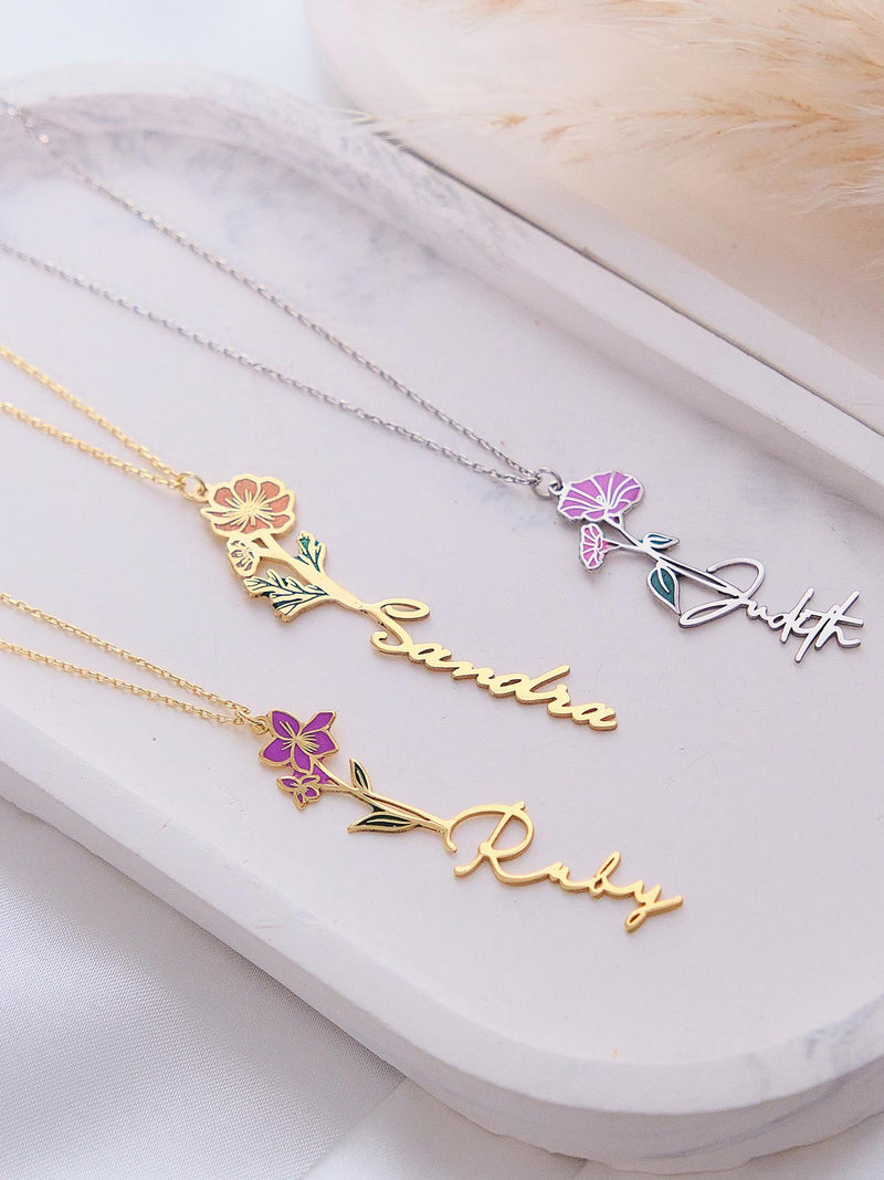 Custom Name Necklace with Birth Flower, Personalized Flower Jewelry Gift for Her, Handmade Birthday gift, Bridesmaid & Christmas Jewelry birthday flower
