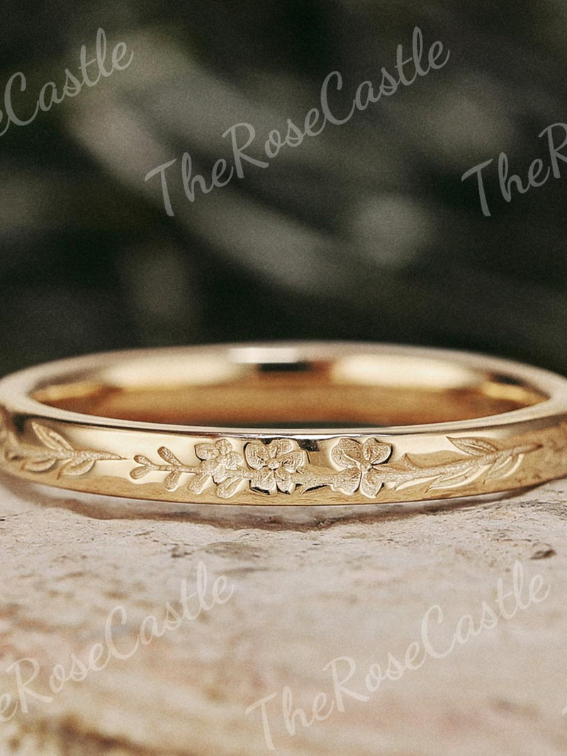 2.2MM Solid Gold Birth Flower Ring Natural Inspired Leaf Wedding Band Art Deco Handmade Engraved Wedding Band Minimalist Ring Gift For Her ANNIVERSARY
