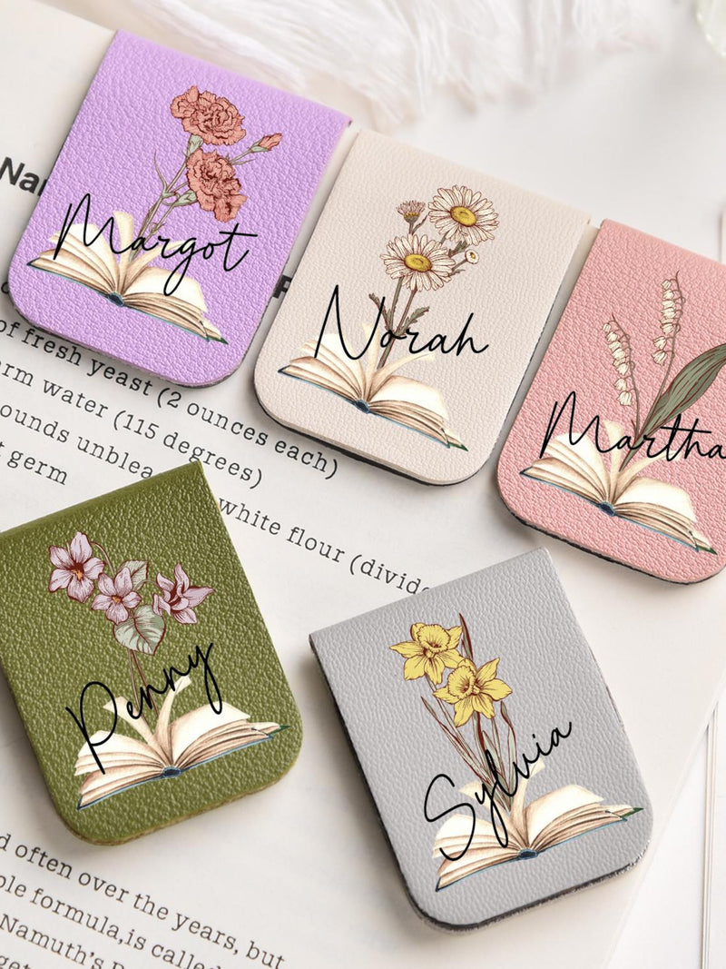 Leather Magnetic Bookmark,Name Bookmark with Birth Flower,Personalized Magnetic Bookmark with name,Book Lover Birthday Gift,Book Accessory birthday flower