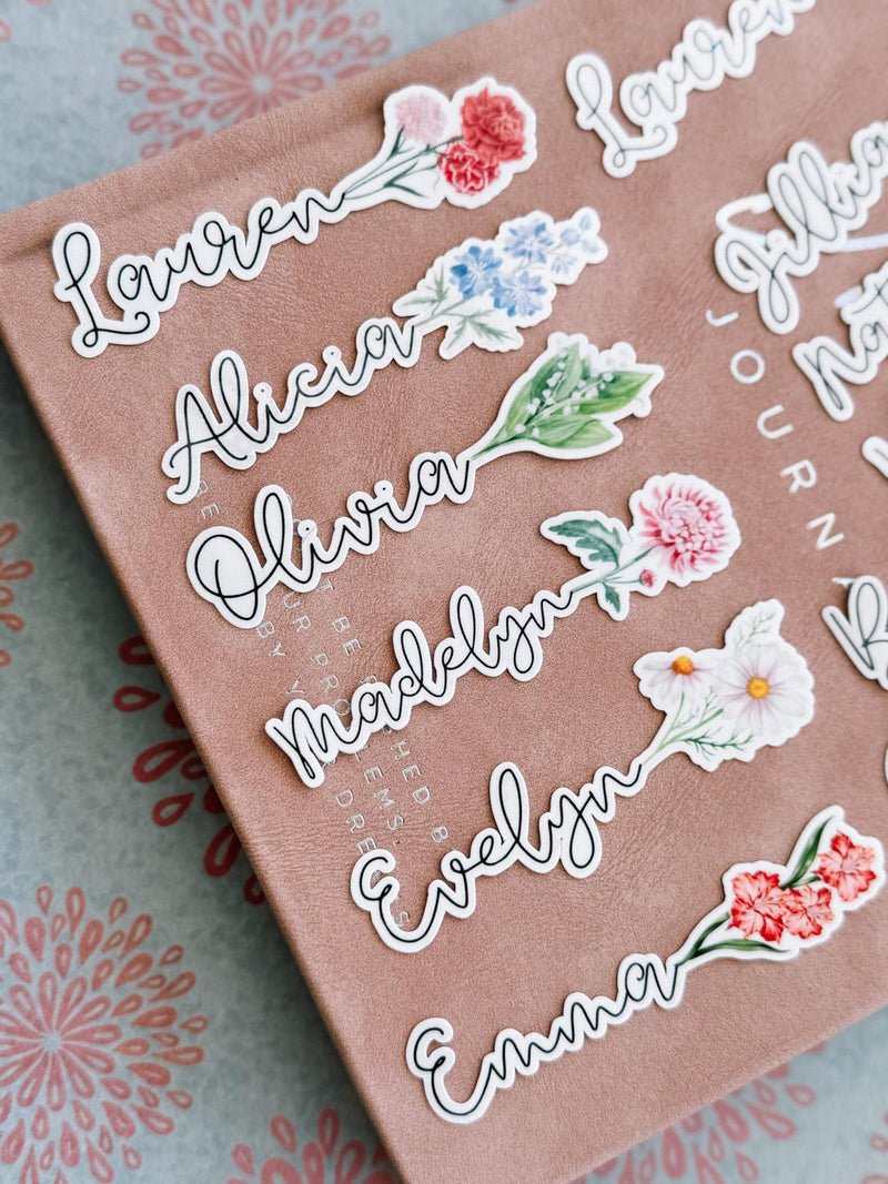 Custom Birth Month Flower Name Sticker, Personalized Vinyl Decals, Water Bottle Tumbler Stickers, Laptop Kindle Gift Bag, Tag Label School birthday flower