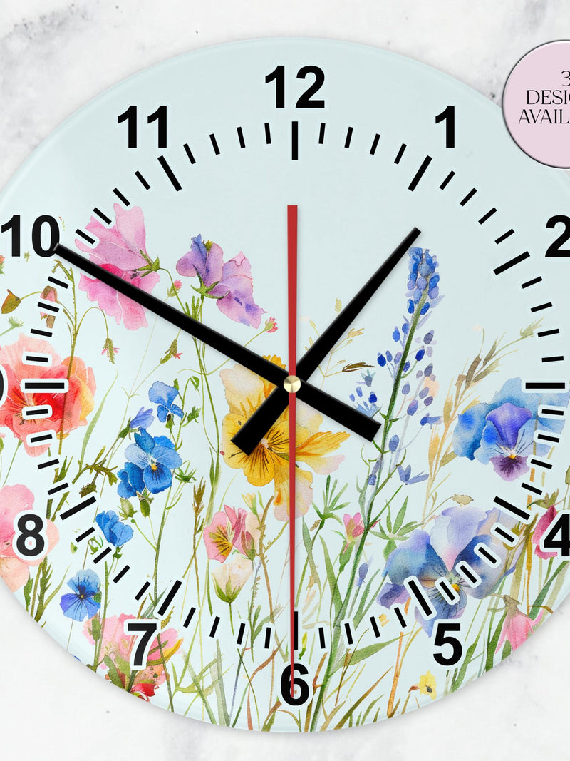 Glass Watercolour Wildflower Clock - Floral House DŽcor, Artistic Floral Wall Clock, Unique Home Gift, Nature Inspired Timepiece house warming flower