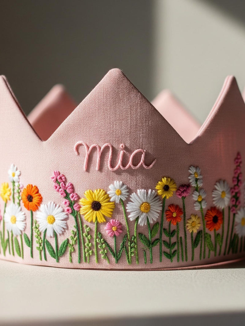 Custom Hand Embroidered Linen Crown With Wild Flowers, Baby Birthday Crown, Kids Crow, Personalized Gift, First Birthday Gift, Name Crown birthday flower