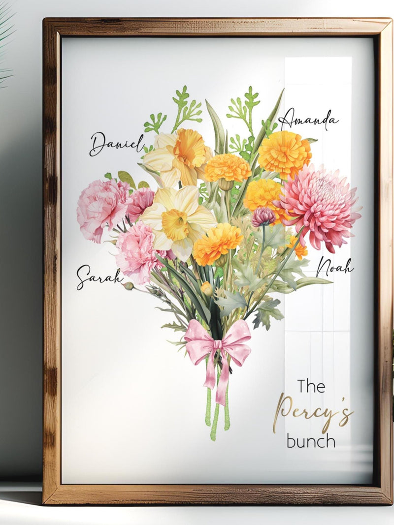 Custom Birth Month Flower Bouquet: Watercolor Family Art Print birthday flower