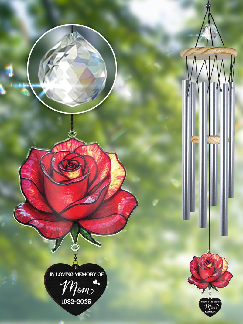 Custom Memorial Wind Chimes,Birth Flower Suncatcher,Sympathy Gifts for Loss of Mother Dad,Rose Flower In Loving Memory,Listen to the Wind sympathy flower