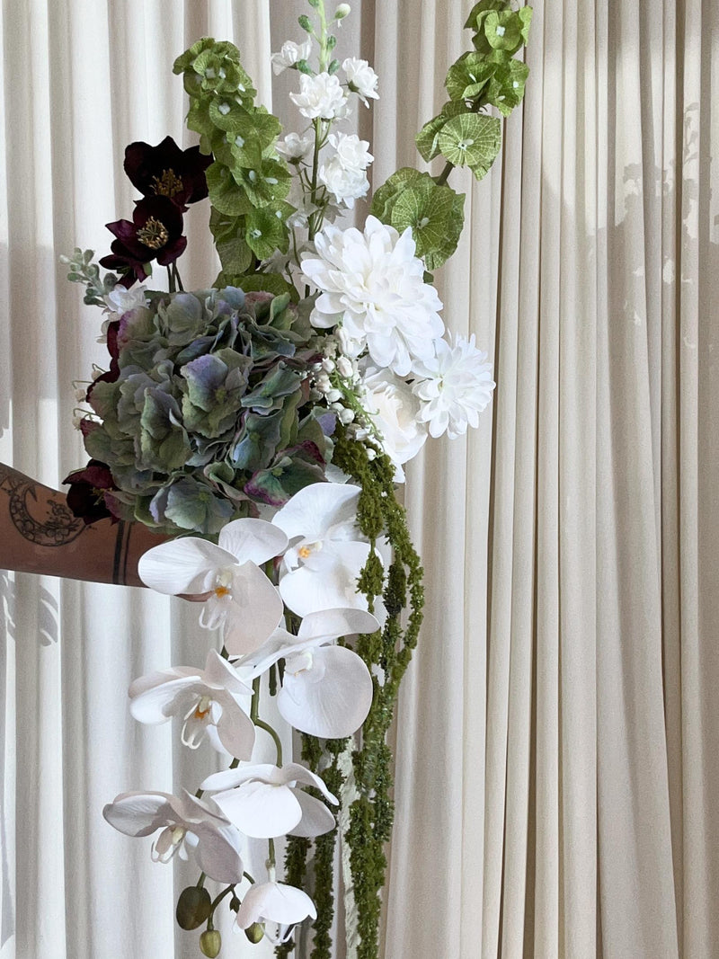 White & Green Bridal Bouquet: Burgundy Accent Faux Florals Bouquet