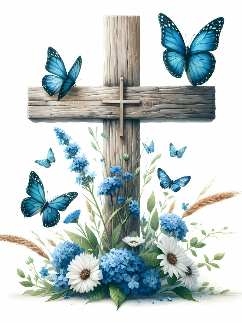 23 JPEG Butterfly memorial Ð Floral cross JPG clipart Ð Blue butterflies and flowers for sympathy cards, funerals, Christian crafts sympathy flower