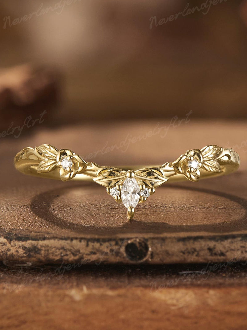 Vintage Marquise Diamond Wedding Band Nature Inspired Flower Ring Floral Wedding Ring Leaf Ring for Women Gold Anniversary Ring Gift for Her ANNIVERSARY