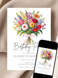 Garden Flowers Birthday Party Invitation Template Colorful Floral Bouquet Birthday Invite Editable Pink Bow  Watercolor Evite for Her PDF birthday flower