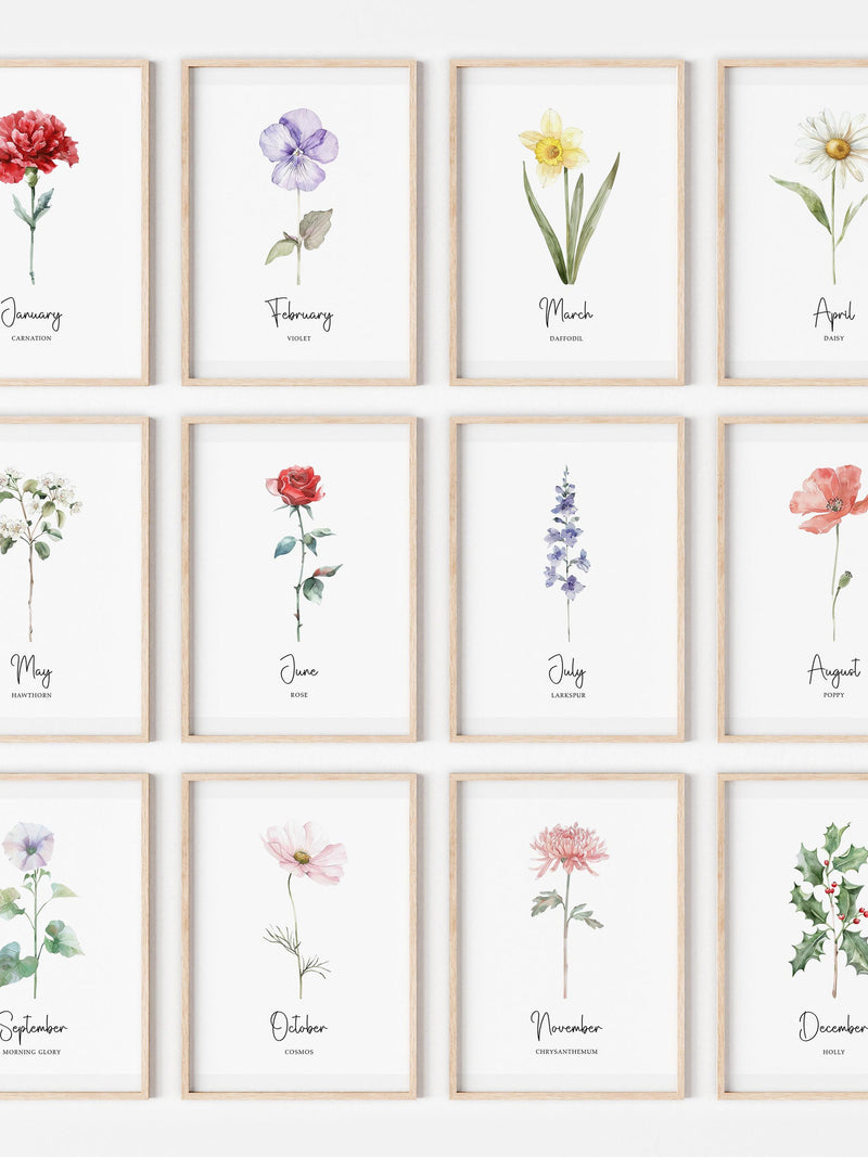 Set of 12 Watercolor Birth Month Flowers Prints, Birth Flower Printable, Botanical Wall Art, Birth Month Painting, Birth Month Flower Art, birthday flower