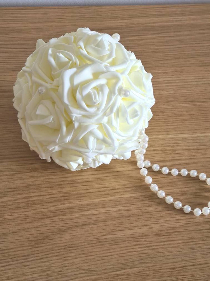 Wedding Flower Kissing Ball Ð Ivory or White Foam Rose Pomander with Pearl Handle silk flower