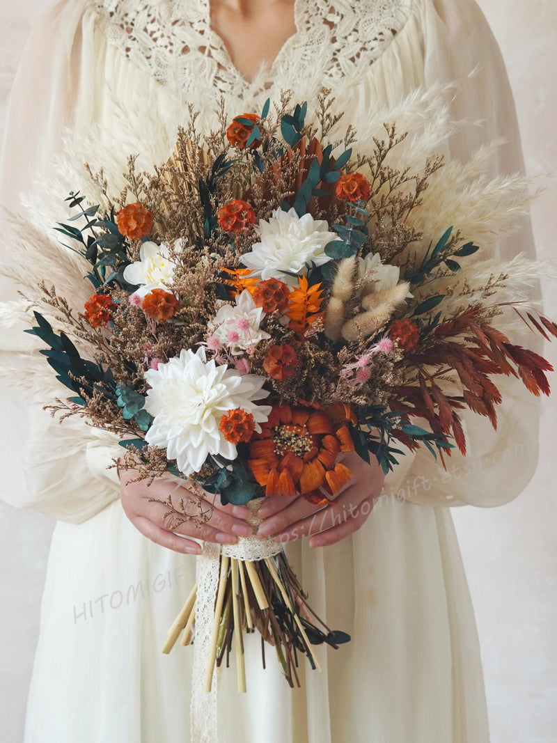 Rust, Terracotta + Olive Dried Flower Pampas Grass Bouquet,Autumn Silk Flower Wedding Bouquet,Rust Bridal Bouquet,Boho Wedding Bouquet Bouquet