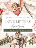Love Letters Watercolor Clipart Pack, Romantic Ephemera, Hearts Couple Valentine Wedding Anniversary Invites, Scrapbook Junk Journal Craft Love Romance Flower