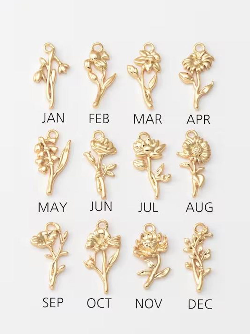 2PCS - Mother's Day jewelry Charm, Gold Flower Dangle Charms, Birth Flower Personalized Necklace Pendant, Real 14K Gold Plated [P1523-PG] birthday flower