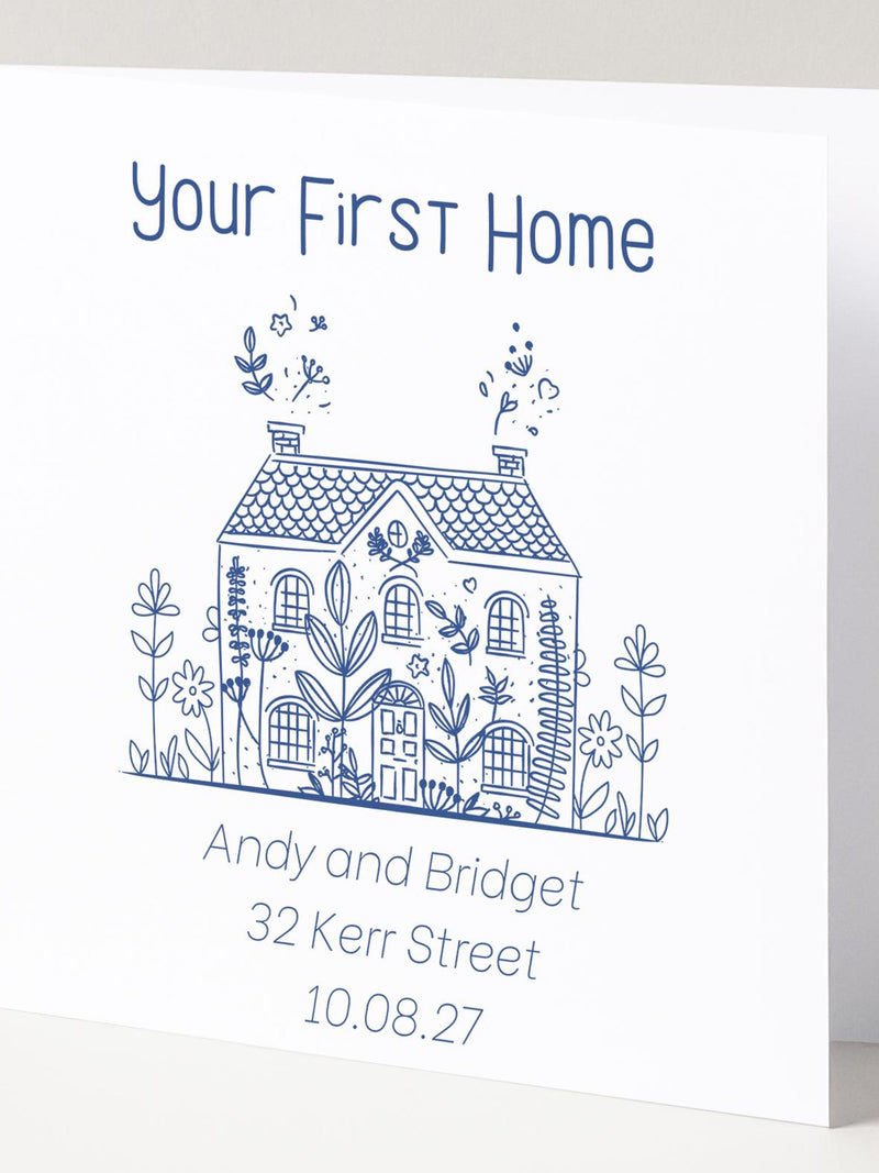 Personalised First Home Card with Floral House Design, Custom Names, Address & Move-In Date Keepsake Gift for New Homeowners house warming flower