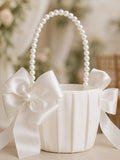 White Satin Flower Girl Basket Pearl Handle Wedding Ceremony Bow Petal Basket Bridal Party Elegant Classic Traditional Reception Decor silk flower