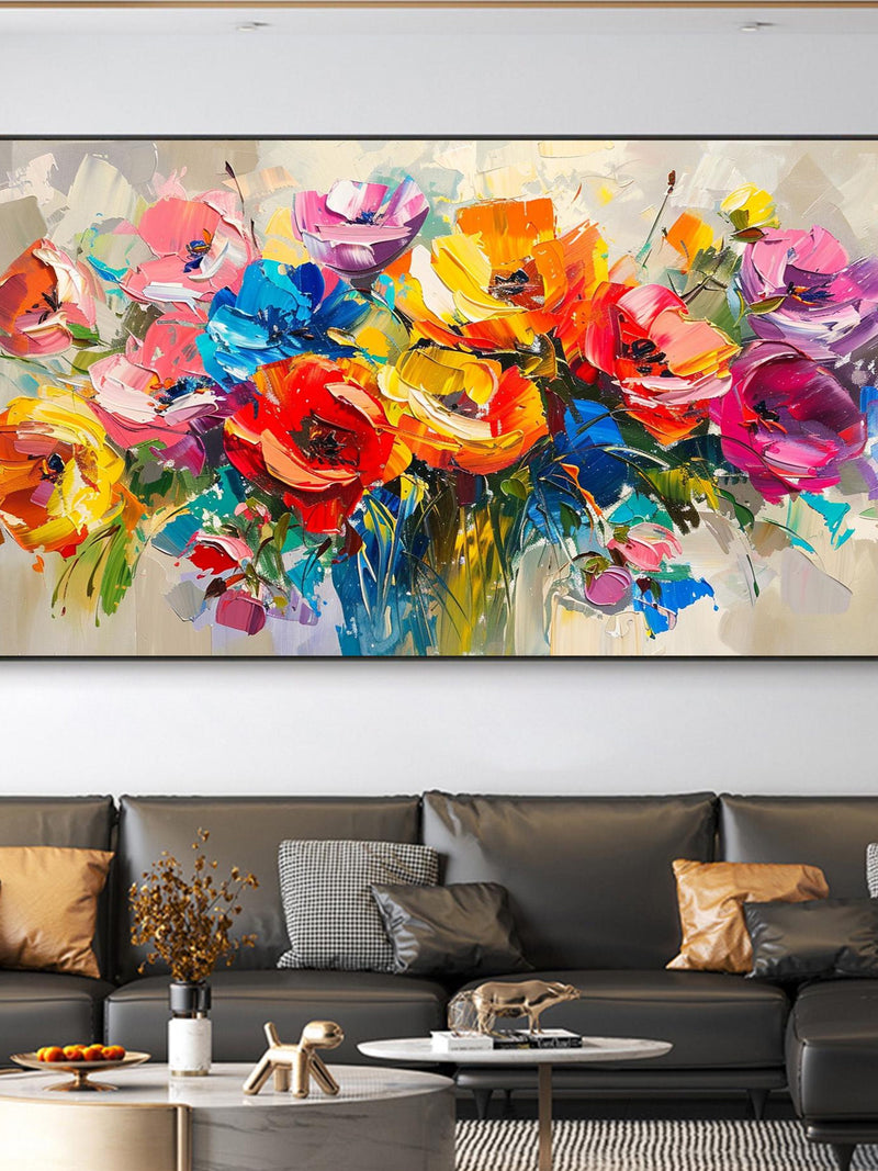 Original Colorful Flower Oil Painting, Abstract Blossom Bouquet Painting, Large Textured Wall Art, Modern Floral Painting, Living Room Decor ANNIVERSARY