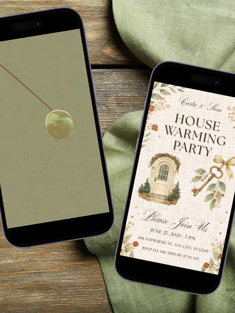 Housewarming Invitation | Animated MP4 for Text or Email | Neutral Floral Key Design | Editable in Canva | Free Canva Compatible house warming flower