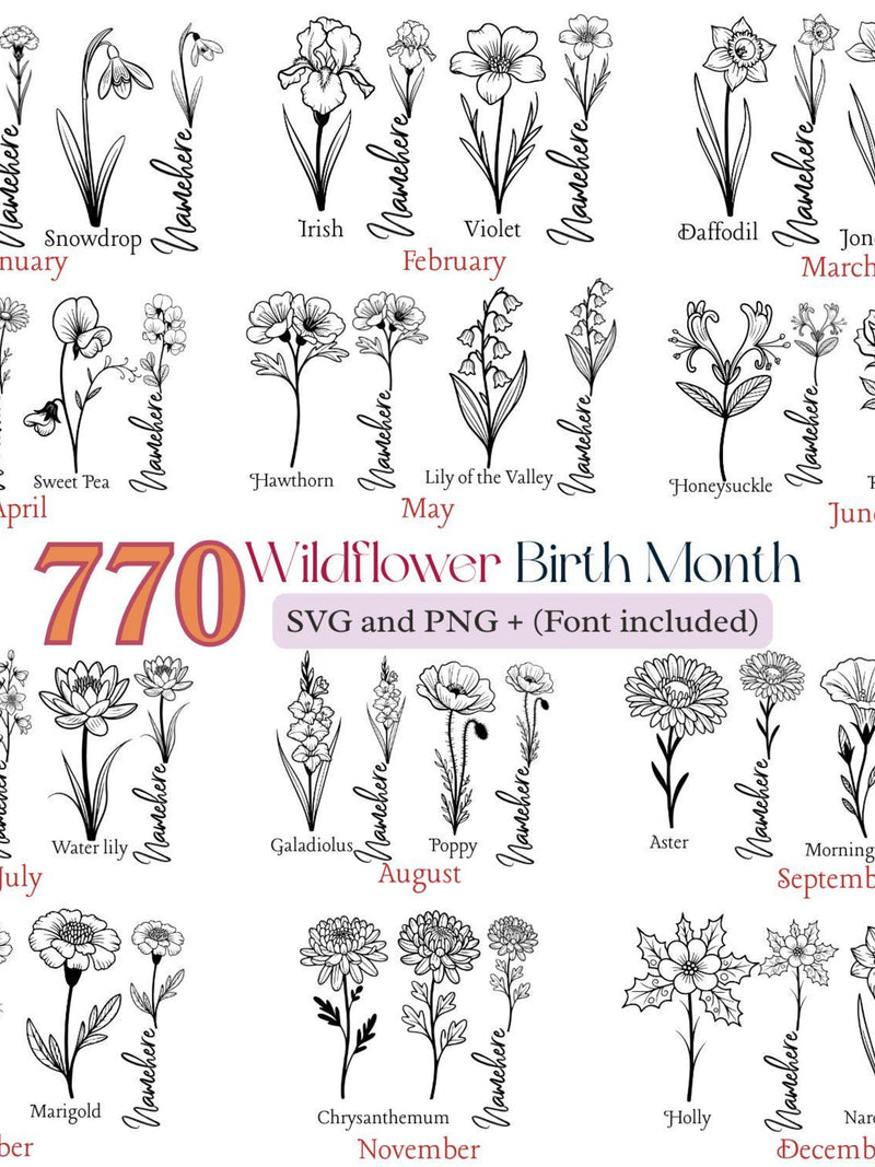 Wildflower Birth Month SVG Bundle, Botanical Flower Clipart, Birth Month Flower PNG, Digital Download, Sublimation Design, Font Included birthday flower