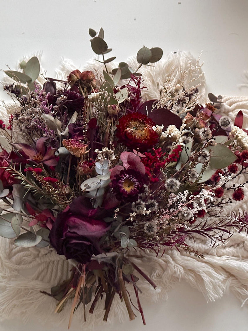 deep burgundy green eucalyptus leuca rose daisy wildflower dried flower bouquet arrangement, long lasting wedding posy stirlingia dark goth wedding flower