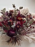 deep burgundy green eucalyptus leuca rose daisy wildflower dried flower bouquet arrangement, long lasting wedding posy stirlingia dark goth wedding flower