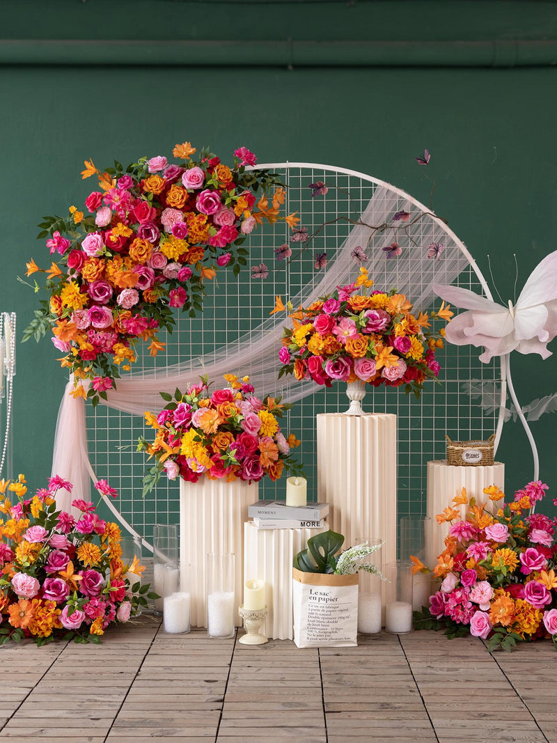Orange pink Rose & Greenery Wedding Arch Floral Arrangement wedding flower