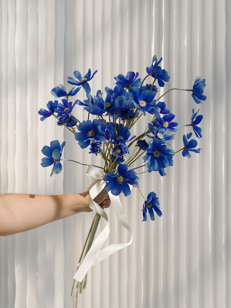 6-head Stem Silk Artificial Cosmos Flowers in Blue, DIY Home Bouquets, Weddings, & Event Decor silk flower