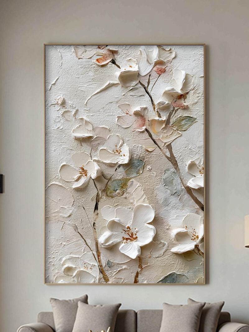 Heavy Impasto White Flower Painting, Textured Neutral Canvas Art, Palette Knife Decor ANNIVERSARY