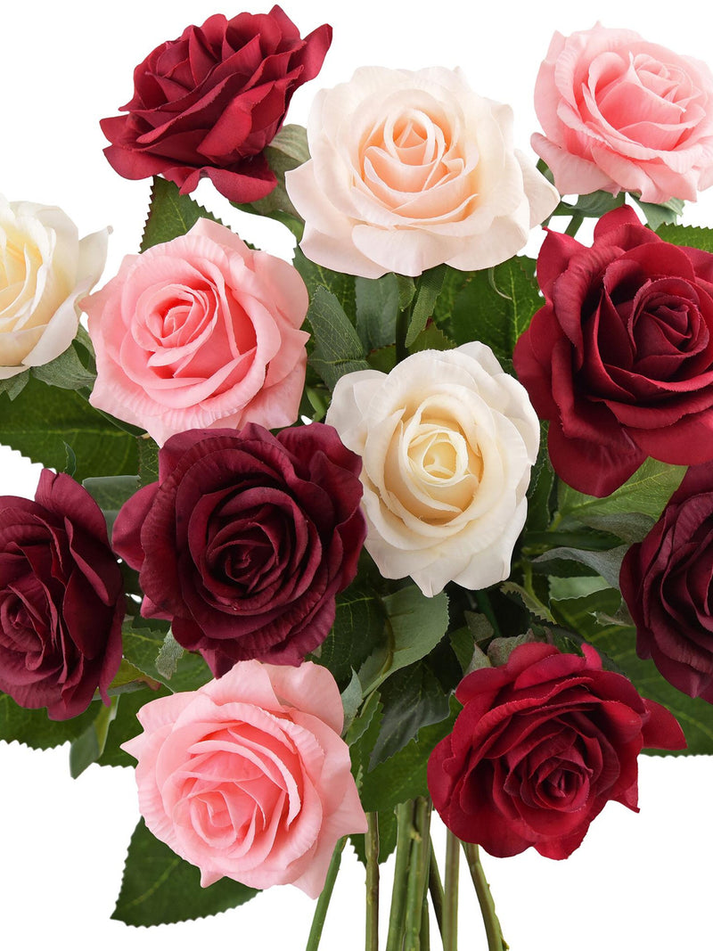 Real Touch Silk Roses, Burgundy, Pink & Purple MŽlange, 12 Stems silk flower