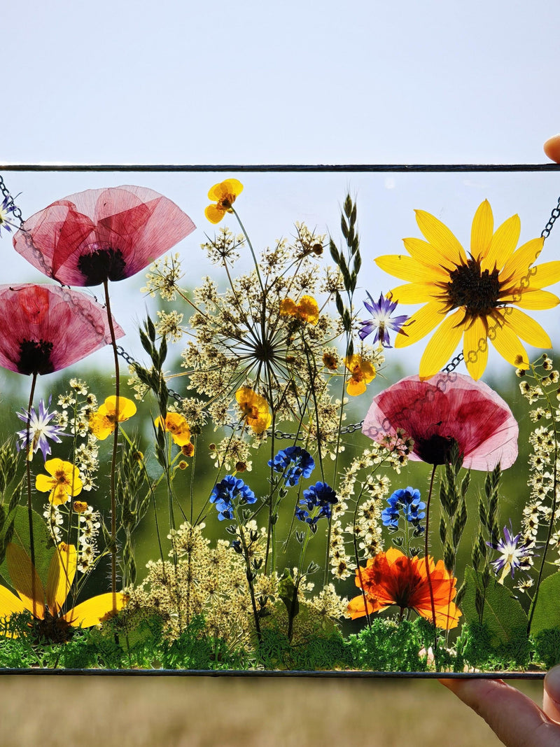 Pressed Wildflower Art in Stained Glass Frame: Unique Botanical Artwork birthday flower