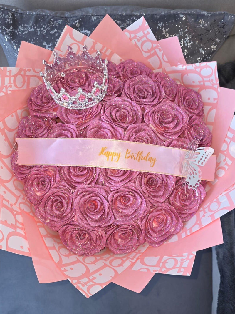 ETERNAL GLITTER ROSE pink bouquet with decorative wrap - happy birthday - big crown for display FLOWER DELIVERY