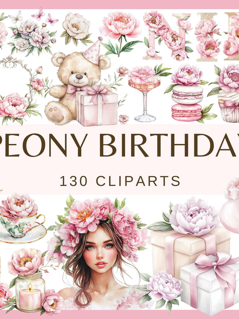Peony Birthday Party Watercolor Clipart: Floral Cake & Balloons (Digital Download, Commercial Use PNGs 300dpi) birthday flower