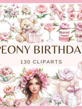 Peony Birthday Party Watercolor Clipart: Floral Cake & Balloons (Digital Download, Commercial Use PNGs 300dpi) birthday flower