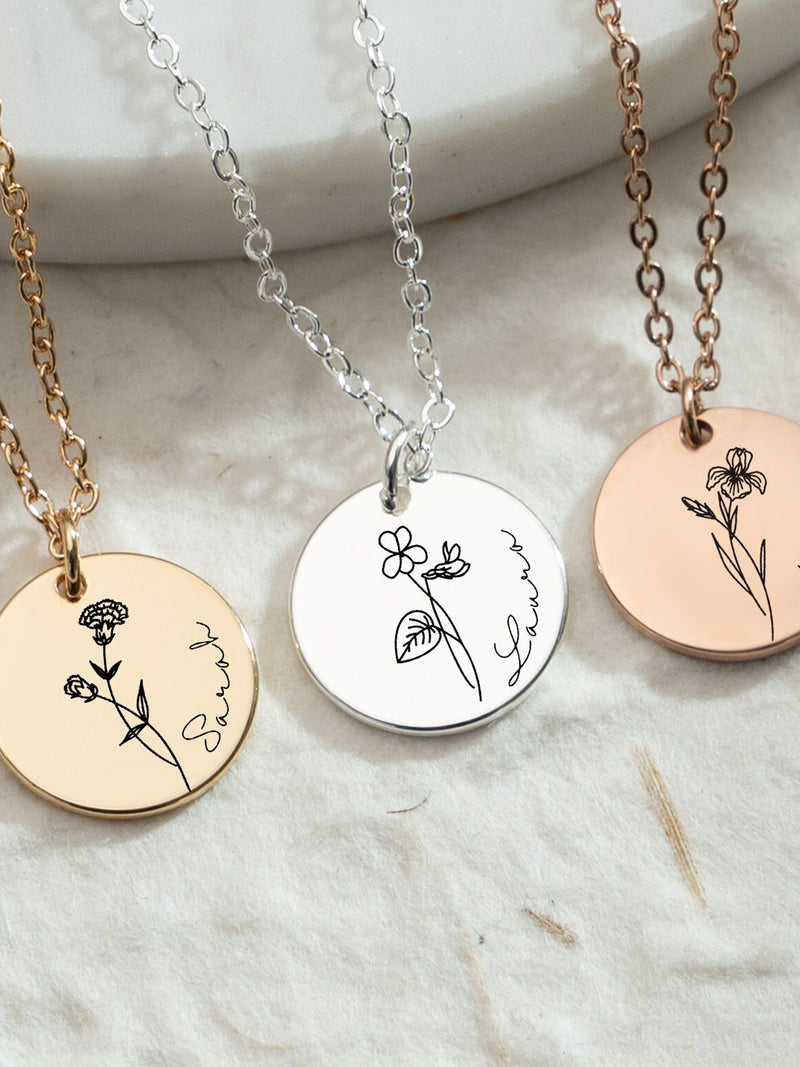 Personalized Birth Flower Necklace with Name, Engraved Floral Necklace, Valentines Days, Necklaces For Women, Birthday Gift, Gift for Her birthday flower