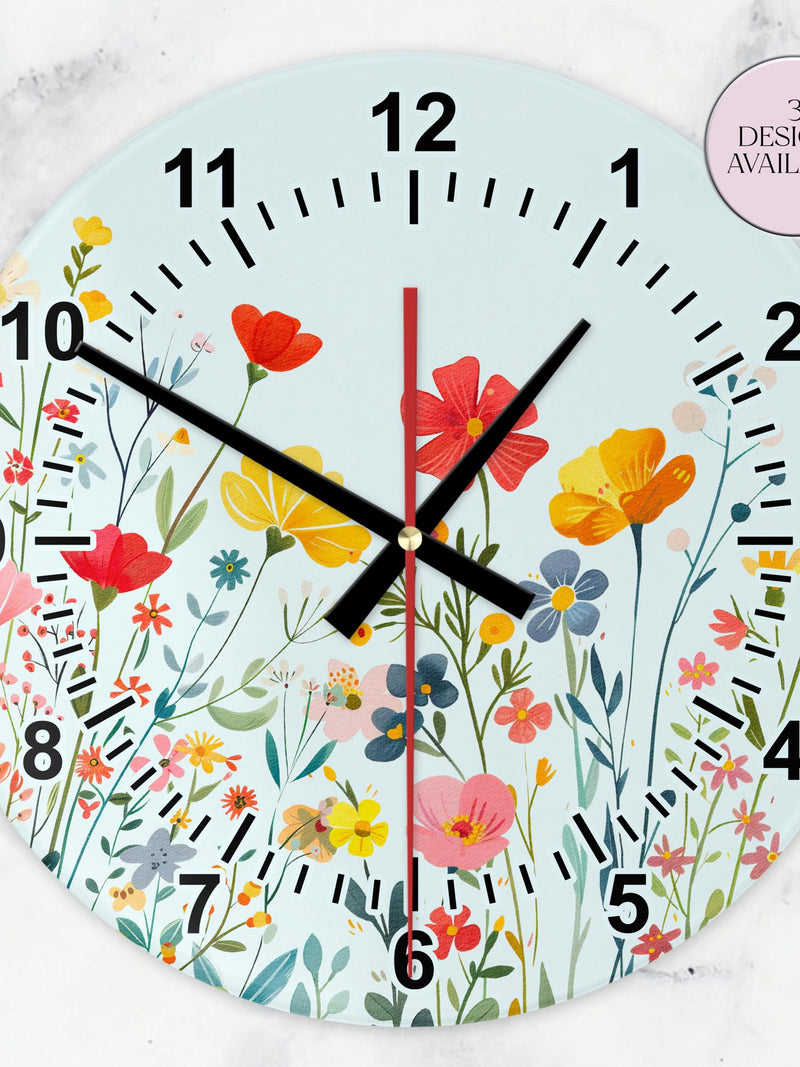 Glass Watercolour Wildflower Clock - Floral House DŽcor - Artistic Flower Wall Art - Home Gift house warming flower