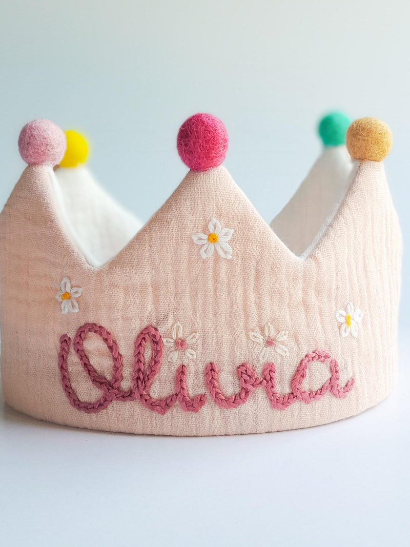 Birthday crown MUSLIN for baby and children,hand embroidery name crown,fabric crown,Keepsake for First Birthday Party and Special Occasions birthday flower