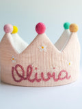 Birthday crown MUSLIN for baby and children,hand embroidery name crown,fabric crown,Keepsake for First Birthday Party and Special Occasions birthday flower