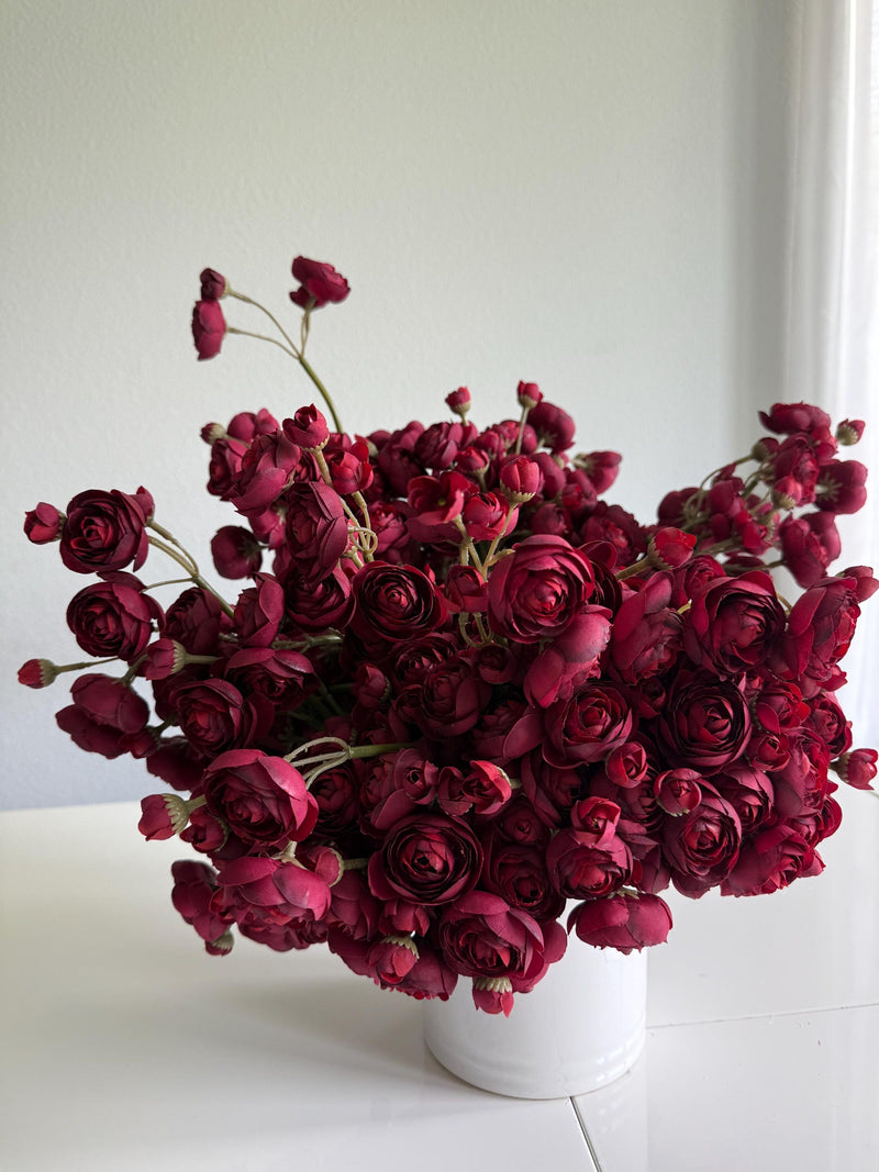 Artificial Burgundy Mini Ranunculus Bundle, 10" Faux Fall Flowers, DIY Centerpiece silk flower