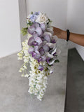 Cascading Purple Orchid Bridal Bouquet Artificial, White Wisteria & Lavender Rose wedding flower