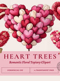 Romantic Heart Trees Clipart Set, Floral Topiary PNGs, Valentine Love Decor, Wedding Art Printable, Transparent Digital Download, Ephemera Love Romance Flower