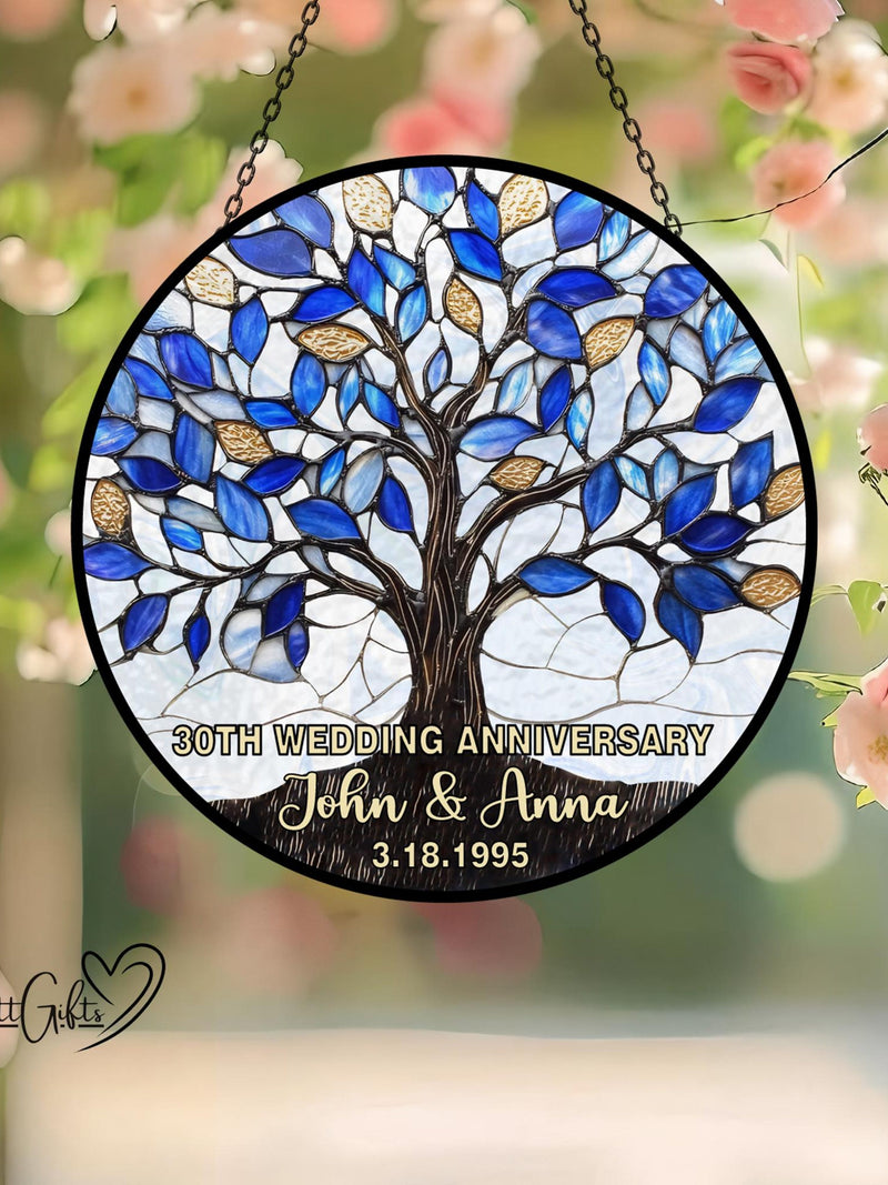 Personalized Wedding Anniversary Stained Glass Suncatcher, Wedding Anniversary Keepsake, Tree Glass Art, Home Window Hanging, Gift For Lover ANNIVERSARY
