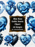 Blue Gothic Heart Clipart with 29 PNG Images Featuring Blue Roses, Barbed Wire Hearts, and Broken Love Aesthetic Dark Romance Sublimation Love Romance Flower