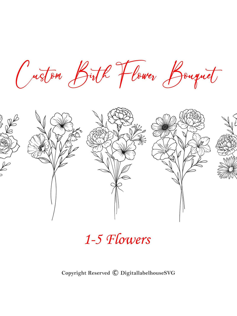 Custom Birth Flower Bouquet, Family Birth Month Tattoo Design, Flower Bouquet Print, Floral Tattoo Design,2-5 Flowers, Minimalist Print Gift birthday flower