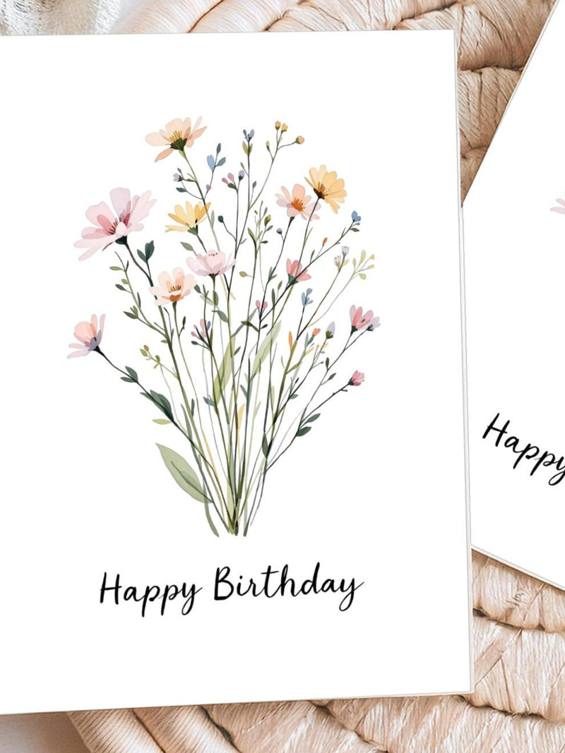 Wildflower Happy Birthday Printable Card, Minimalist Watercolor Floral Birthday Card for Her, Birthday Gift for Mom birthday flower