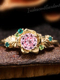 Flower Pink Sapphire Engagement Ring Nature Inspired Leaf Floral Ring Green Emerald Peridot Cluster Ring Solid Gold Wedding Rings For Women ANNIVERSARY