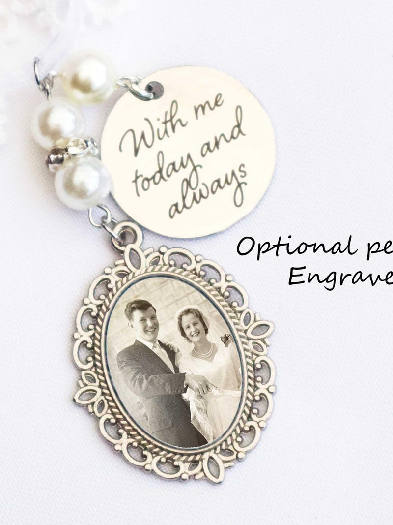 Memorial Bridal Bouquet Charm with Personalized Engraved Charm,  Oval Wedding Memorial Keepsake, Flower Bouquet Photo Charm Bouquet