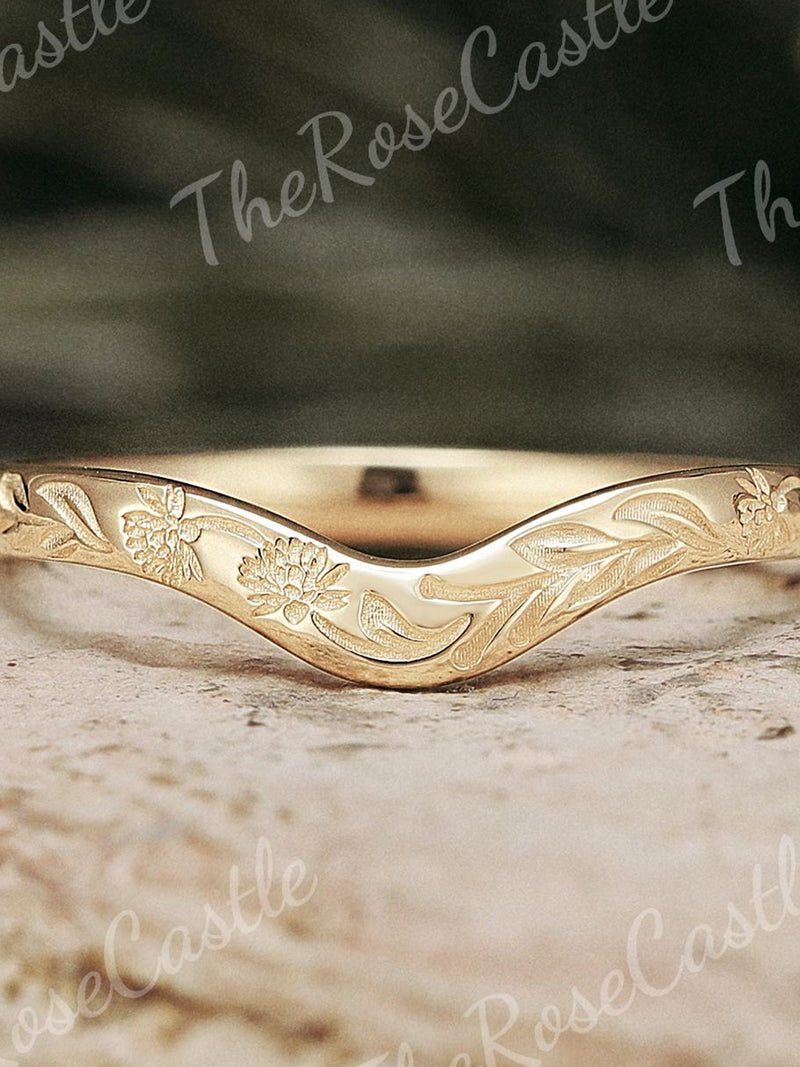 2MM Birth Flower Wedding Band, Solid Gold Curved Stacking Ring, Nature Inspired Eternity Promise Anniversary Ring for Women wedding flower