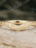 2MM Birth Flower Wedding Band, Solid Gold Curved Stacking Ring, Nature Inspired Eternity Promise Anniversary Ring for Women wedding flower