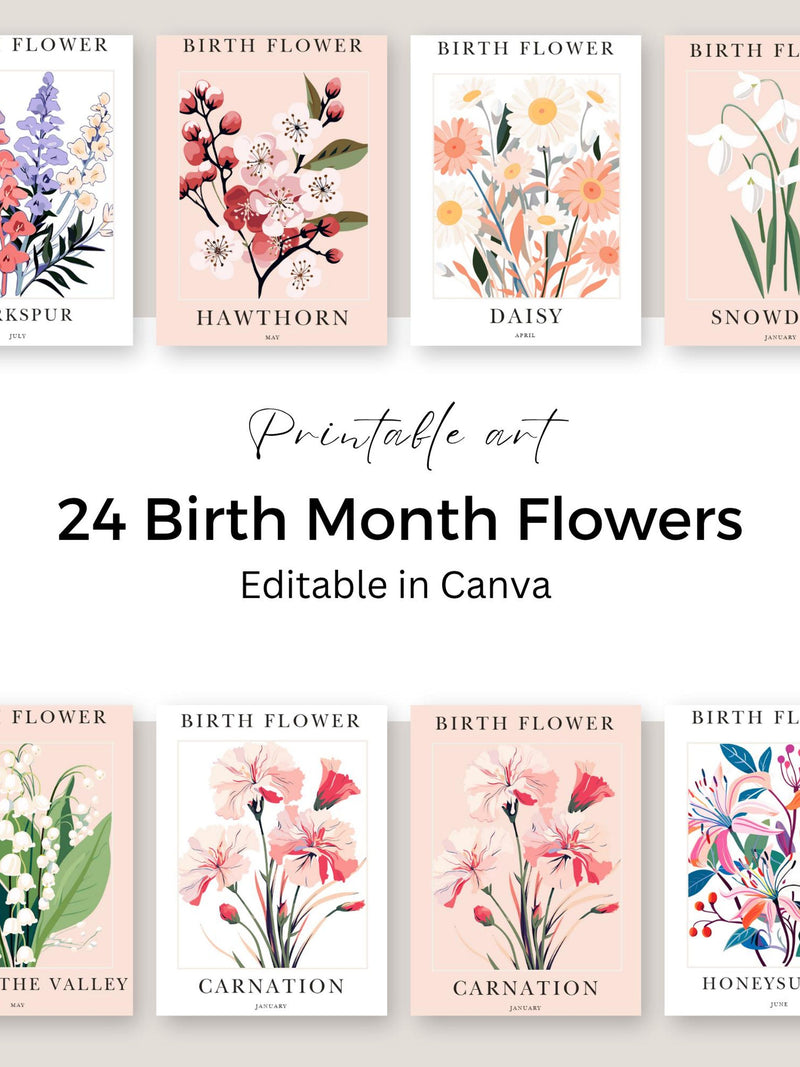 Birth Month Flowers Printable: Customizable Floral Wall Art (Canva Template, Instant Download) birthday flower
