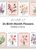 Birth Month Flowers Printable: Customizable Floral Wall Art (Canva Template, Instant Download) birthday flower
